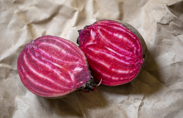 A beet from one of the Goldman Lab’s experimental breeding lines, sliced in half