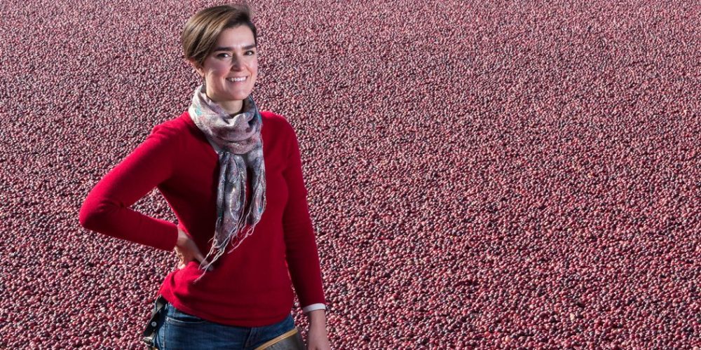 Woman standing in field of cranberries