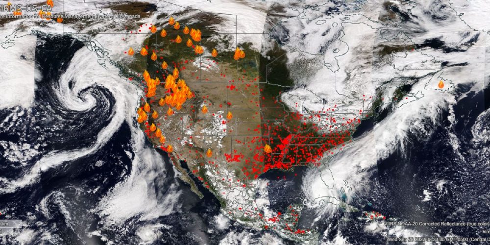 satellite image of the earth with overlay of active fires