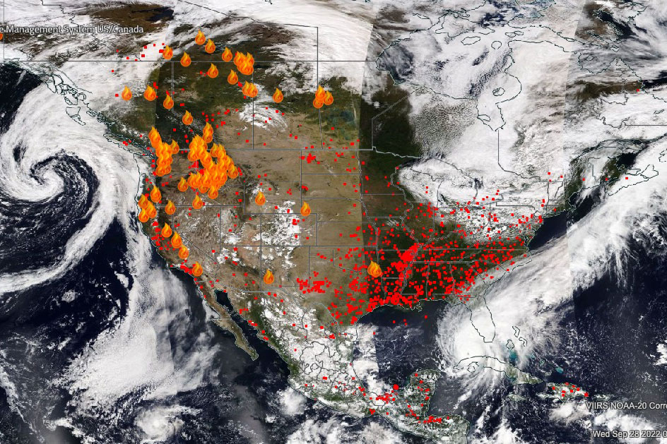 satellite image of the earth with overlay of active fires