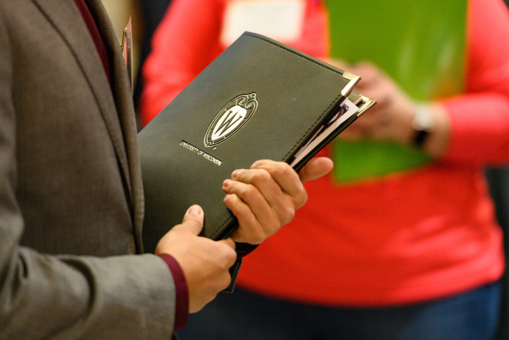 UW undergraduate Jacob Zabel talks with recruiter Stacey McMorrow from Covance during the annual Spring Career and Internship Fair held at the Kohl Center at the University of Wisconsin-Madison on Feb. 5, 2019. The fair featured 215 employers and was open to all current students and alumni. (Photo by Bryce Richter /UW-Madison)