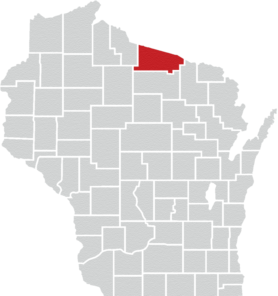 Illustration of the state of Wisconsin showing outlines of all 72 counties with Vilas County in the north-most part of the state highlighted red