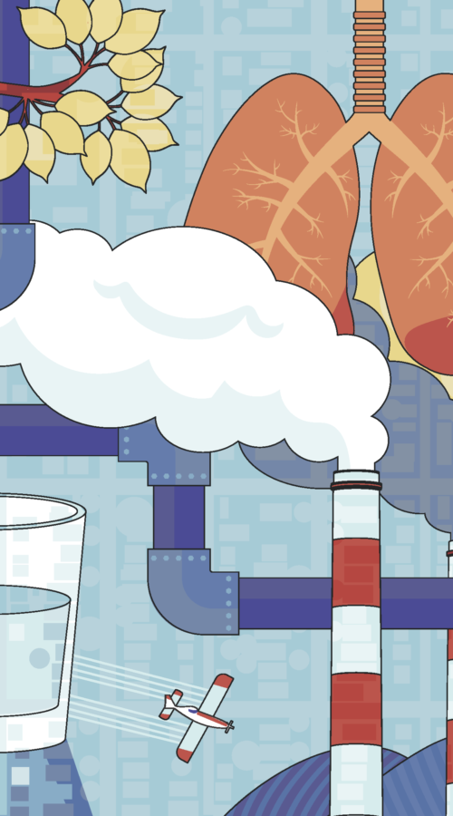 Illustration showing lungs, smokestacks, pipes, a glass of water, a plane and tree branches layered over a city map, representing environmental factors that affect public health.