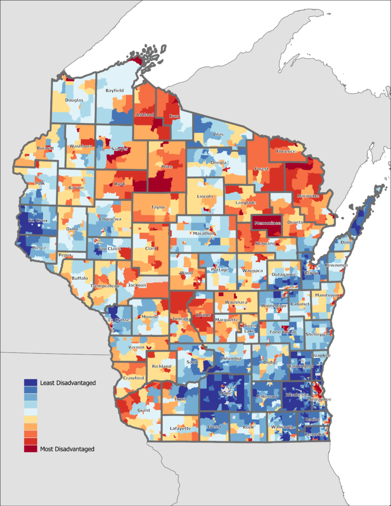 Map of Wisconsin showing Area Deprivation Index scores by census block group, with blue areas representing the least disadvantaged neighborhoods and red areas representing the most disadvantaged neighborhoods.
