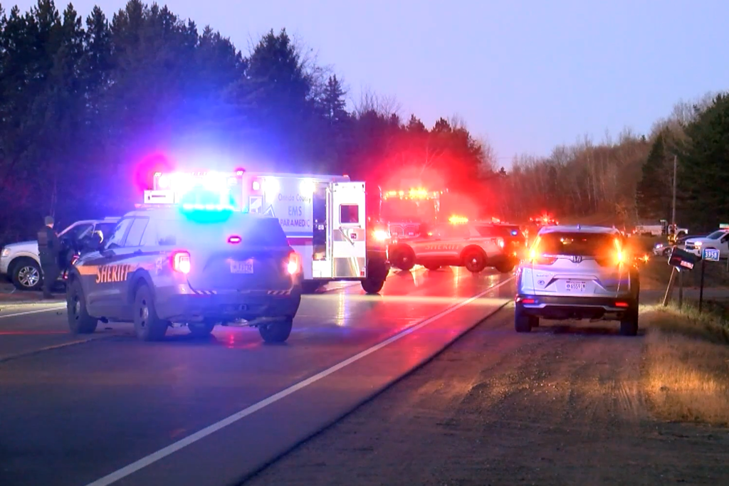 Police cars and ambulances flash blue and red lights at the scene of a crash on a rural road