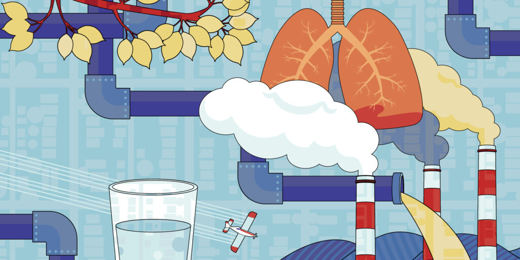 Illustration showing lungs, smokestacks, pipes, a glass of water, a plane and tree branches layered over a city map, representing environmental factors that affect public health.