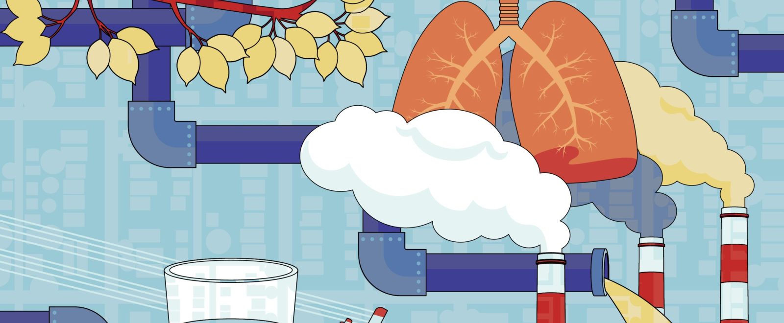 Illustration showing lungs, smokestacks, pipes, a glass of water, a plane and tree branches layered over a city map, representing environmental factors that affect public health.