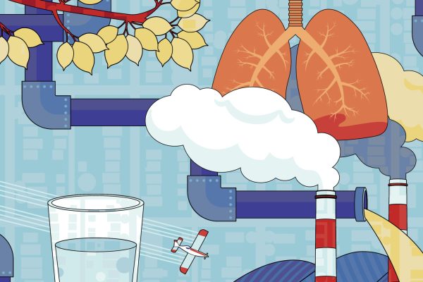 Illustration showing lungs, smokestacks, pipes, a glass of water, a plane and tree branches layered over a city map, representing environmental factors that affect public health.