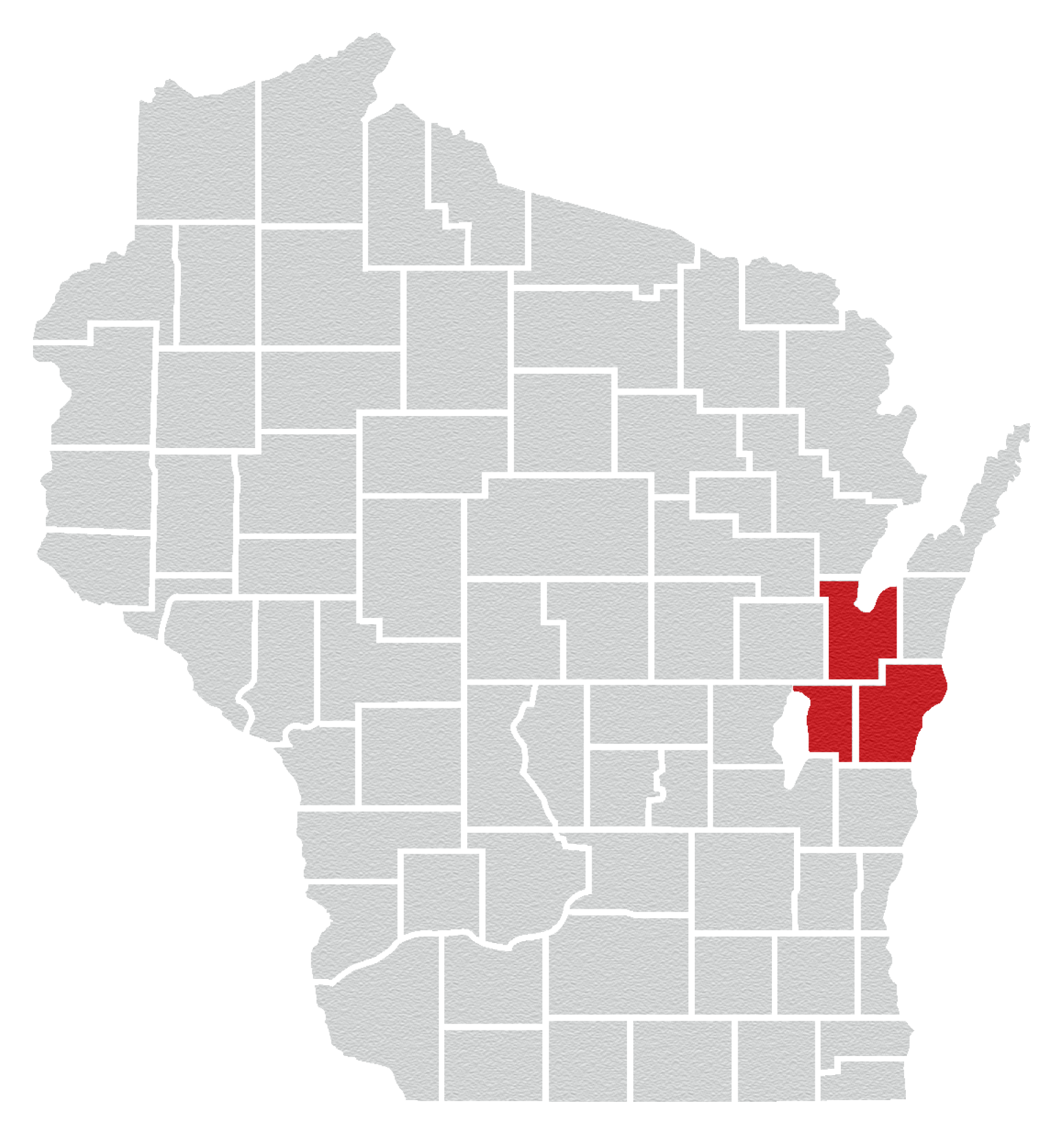 Illustration of the state of Wisconsin showing outlines of all 72 counties with Calumet, Manitowoc and Brown counties in the eastern part of the state highlighted red.